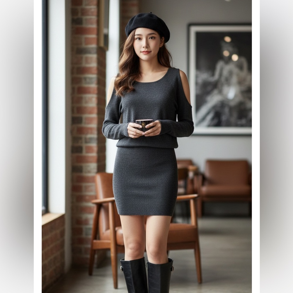 Buffalo  David Bitton Sweater Dress Gray Knit Longsleeve Cold Shoulder  Size S